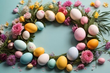 Realistic Easter greeting card, banner with flowers, Easter eggs and and flowers with copy space.