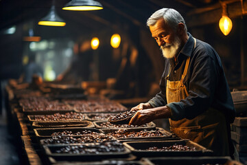 A man roasts coffee and holding a tray of hot coffee beans. Coffee production store.