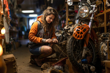 A woman working on a motorcycle in a garage.