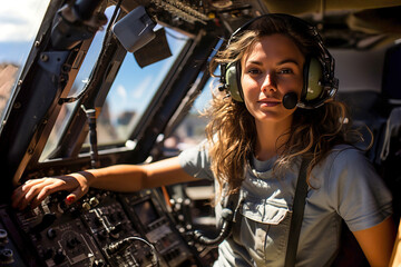 Fototapeta na wymiar A woman pilot sitting in the cockpit of a plane.