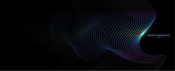 Vector wave lines pattern smooth curve flowing dynamic light isolated on black background,	