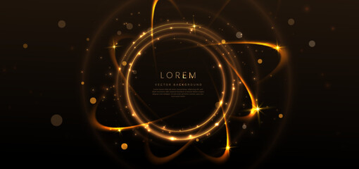Elegant golden circle glowing with lighting effect sparkle on black background. Template premium award design.