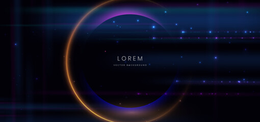 Abstract technology futuristic circles right lay neon glowing light effect on dark blue background.