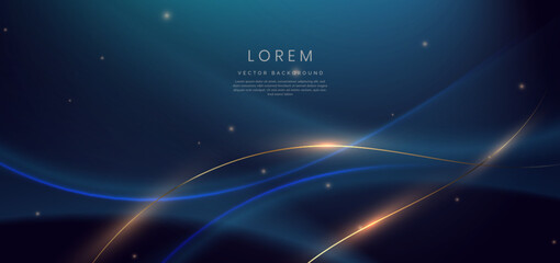 Obraz premium Luxury dark blue background with gold line curved and lighting effect sparkle.