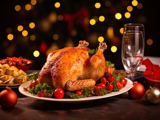 Christmas table served with a turkey, decorated with bright tinsel and candles Generative AI