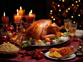 Christmas table served with a turkey, decorated with bright tinsel and candles Generative AI