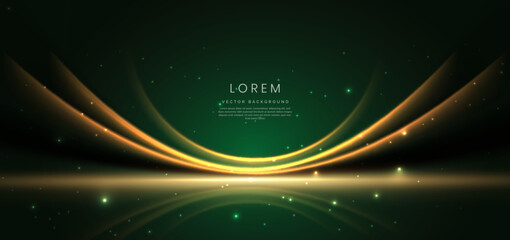 Abstract glowing gold curved element on dark green background with lighting effect glitter and sparkle with copy space for text. © Pramote