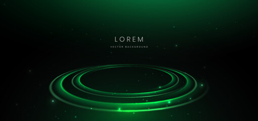 Abstract technology futuristic neon circle glowing green light lines on dark green background.