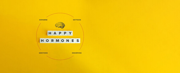 Happy Hormones, Brain Chemistry, Positive Emotions Banner and Concept Image. Dopamine, Oxytocin, Serotonin, and Endorphins aka D.O.S.E. Letter Tiles on Yellow Background. Minimalist Aesthetics.