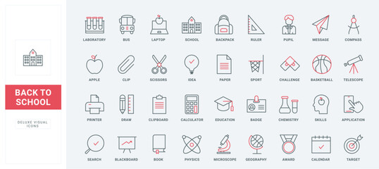 Back to school thin black and red line icons set vector illustration. Outline education and graduation symbols, pictograms of knowledge and study on class lesson, book and telescope, backpack and bus - obrazy, fototapety, plakaty