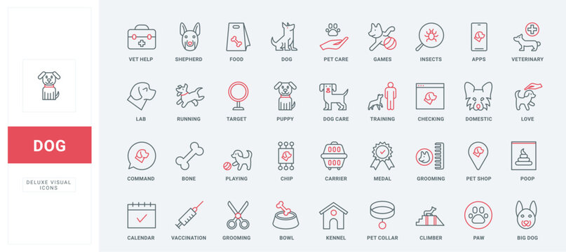 Dog care thin black and red line icons set vector illustration. Outline symbols of veterinarian help and training, vaccination calendar and chip of puppy, paw and medal of winner, vet store pictograms