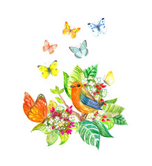 Fototapeta premium watercolor painting of bird on a branch of flowers.