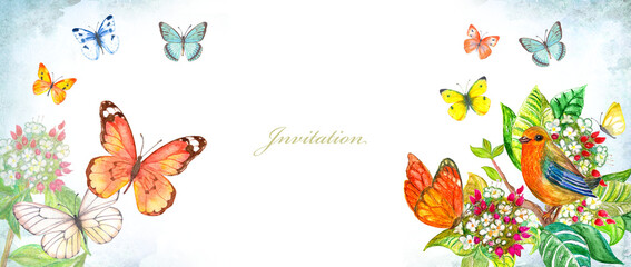 watercolor floral background with butterflies and bird - 686169771