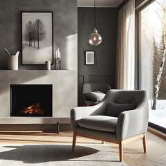 scandinavian interior design of modern living room with sofa cushion against of fireplace-generative ai