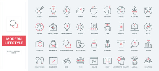 Everyday routine and modern lifestyle thin black and red line icons set vector illustration. Outline symbols of life at home and office, food diet and sport, wireless technology and communication - obrazy, fototapety, plakaty