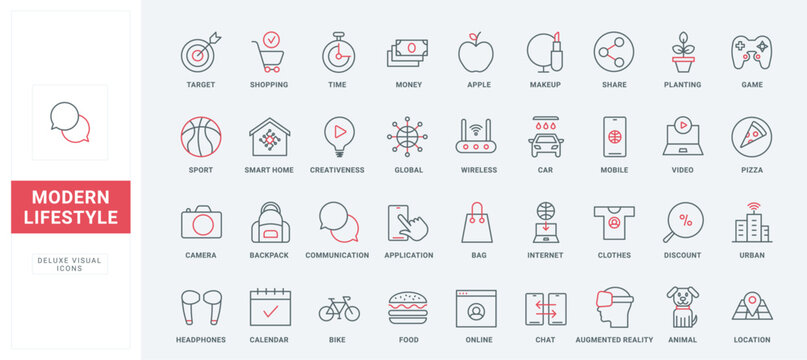 Everyday routine and modern lifestyle thin black and red line icons set vector illustration. Outline symbols of life at home and office, food diet and sport, wireless technology and communication