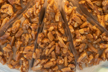 Top view of Coffee cake topped with almond toffee, Sweet food.