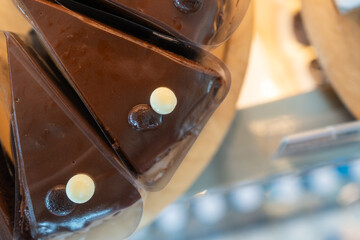 Top view chocolate cake in cafe shop sweet food.