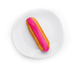 Eclair dessert with pink icing on plate
