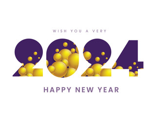 Paper Cut Style 2024 Number with Glossy Golden Bubbles on White Background For Happy New Year Celebration.