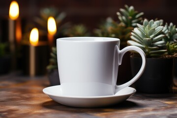 Obraz na płótnie Canvas Mock up of white blank mug with christmas bokeh and cones on background