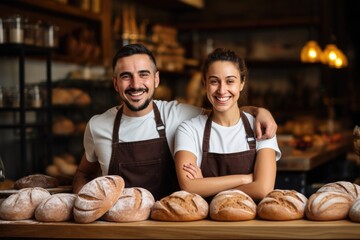 A happy bakery team in aprons works together to provide customers with fresh bread and pastries.