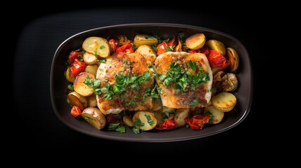 delicious baked fish preparation with vegetables, tomato, pepper and potatoes very tasty and rich in vitamins. Hot and homemade dish