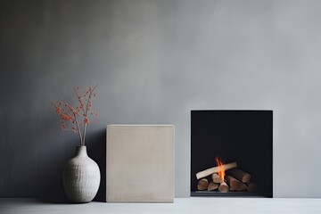 Contemporary interior design with fireplace, combining modern elements and warm retro aesthetics to create a comfortable and cozy space.