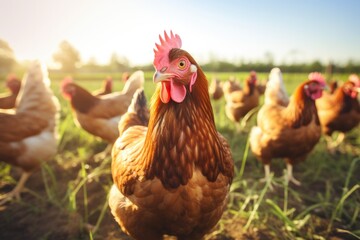 Fototapeta premium A bird in the countryside, representing organic farming, showcasing vibrant nature and free-ranging outdoor life.