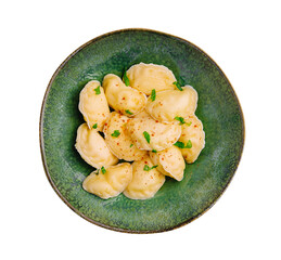 dumplings with cottage cheese on a green plate isolated