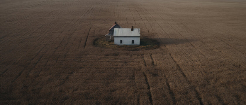 A tiny house in at autumn field aerial photography .