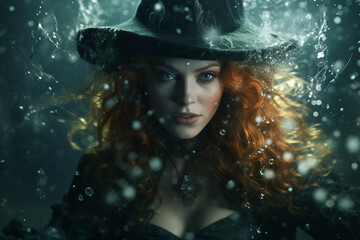 Beautiful fantasy character sorceresss on halloween night water spell ritual generative ai