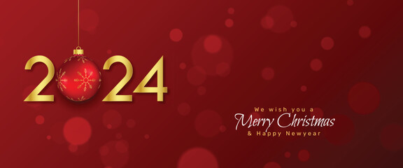 Happy New Year 2024 Golden Lettering and Merry Christmas Invitation Wallpaper Design Vector