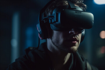 Youngster watching 3d object in virtual world fun cheerful vr glasses goggles generative ai