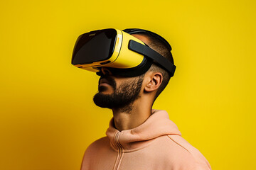 Youngster watching 3d object in virtual world fun cheerful vr glasses goggles generative ai