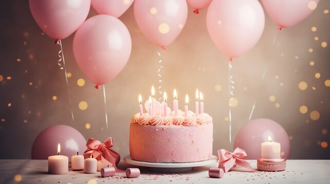 Beautiful happy birthday Background With Balloons, cake with candel and happy birthday