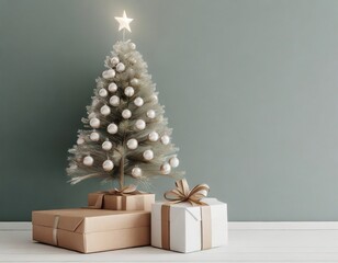 Christmas minimalista de árbol de navidad con bolas doradas y blancas y fondo verde, con regalos - obrazy, fototapety, plakaty