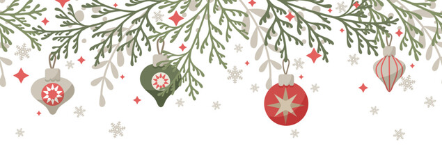 Christmas border with cute hanging decorations, Christmas tree branches and snowflakes.  Horizontal seamless pattern with winter holiday design elements. Vector illustration