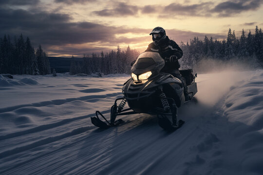 Man riding snowmobile with sun light background