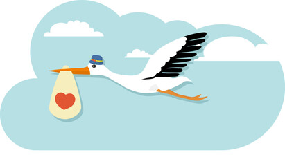 A stork carrying a baby in its beak, a child to the family. The stork brought you a child. Vector, cartoon illustration of a stork with a baby. Vector.