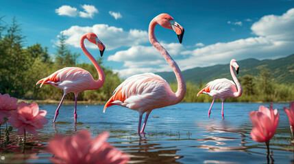 Obraz premium close up the white flamingos in the lake
