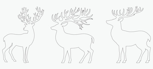 christmas deer silhouettes, Graphic black silhouettes of wild deer male, female, and roe deer Vector silhouettes of deer and hind, isolated illustrations isolated on white background.
