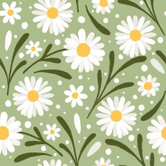 White hand drawn daisies seamless pattern on a green background. Floral design