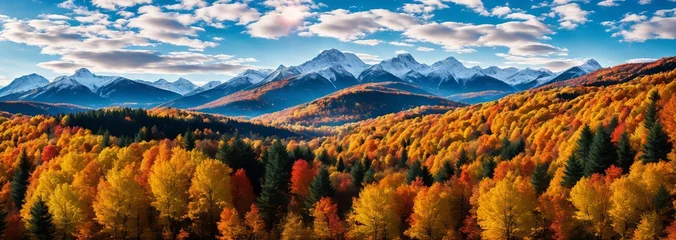 Fototapeten Beautiful panorama of autumn alpine mountains and forest in the foreground. Generative ai. © Nadejda