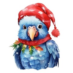 Fototapeta premium Generative AI, cute parrot bird, pet in Christmas hat and ugly sweaters, watercolor style.