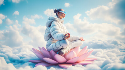 Young woman doing yoga in virtual space. Metaverse health and wellness concept.