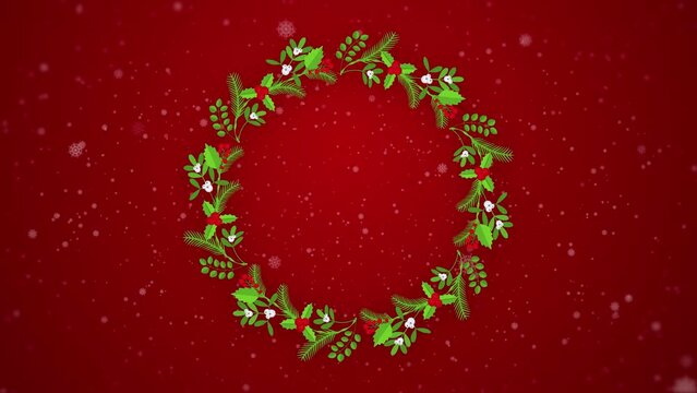 Christmas wreath 2D Animation. Round floral frame with decoration