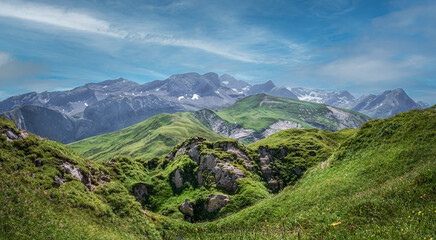 Panoramic view of mountain landscape of the Swiss Alps