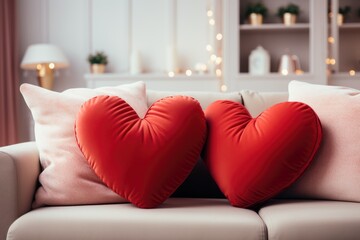 Red pillows in the shape of a heart. Symbol of love. Generative AI