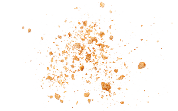 Crumbs integral wholewheat biscuit with oatmeal, cookie flying, isolated on white, top view, clipping path
